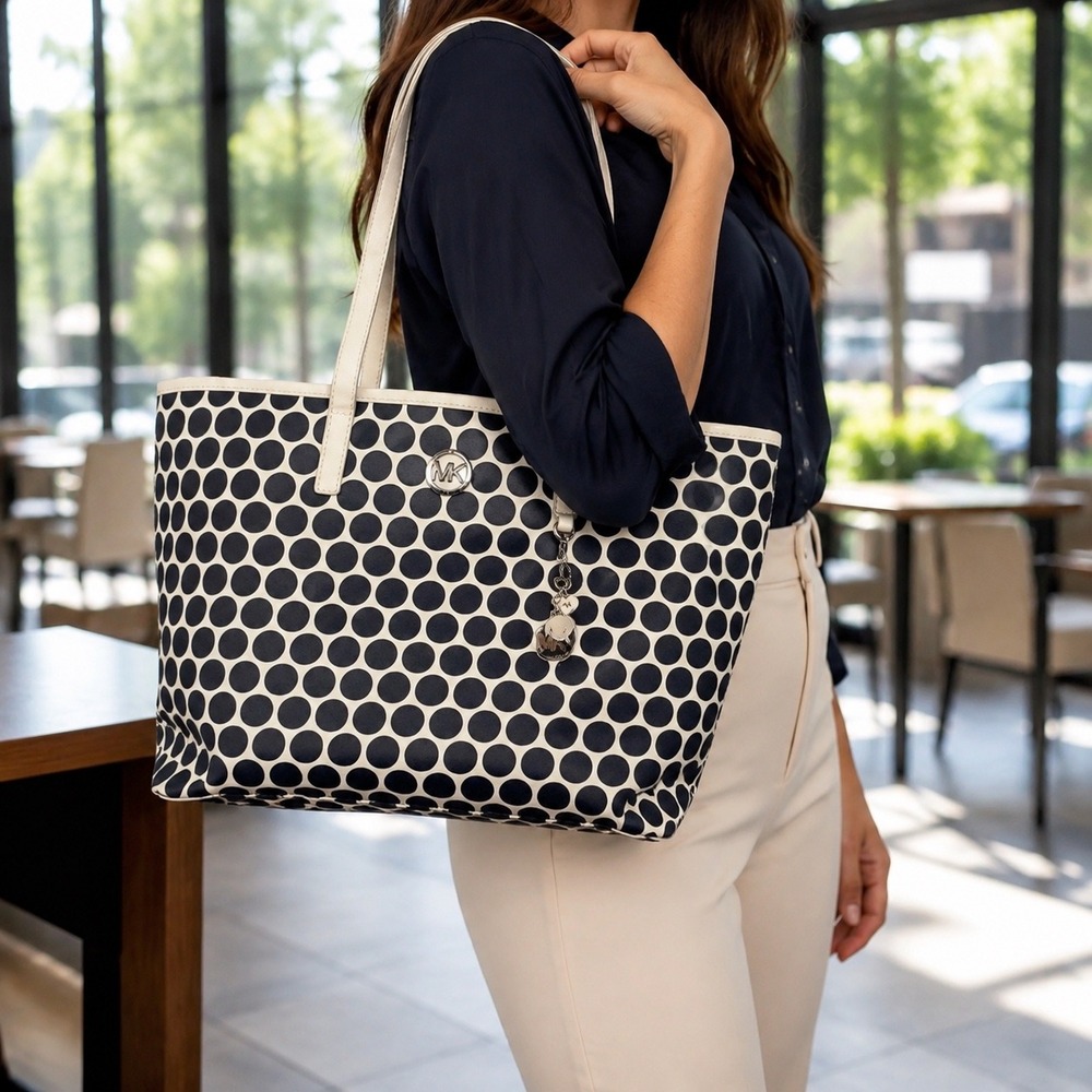 Michael Kors Kiki Bag Navy White Polka Dot Tote Charm 15x8.5x5 Nautical Designer